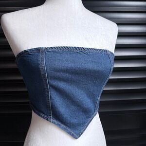 NWT Denim Cropped Bandeau Top Smocked La Armario Medium Blue